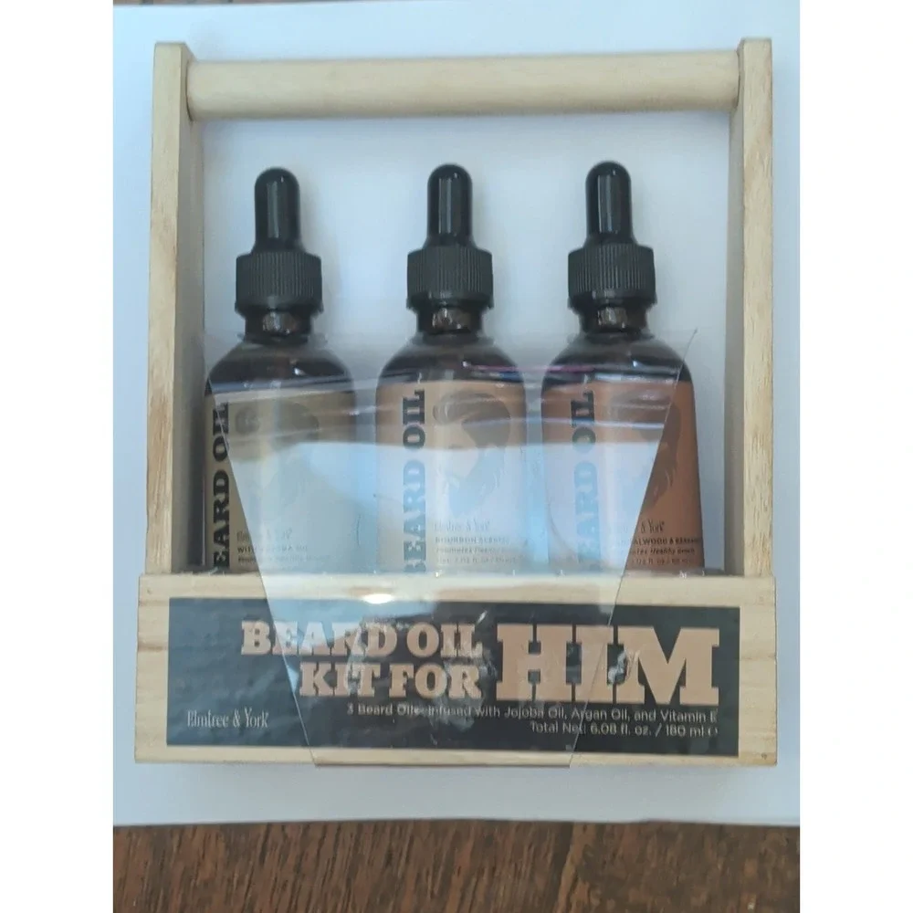 Elmtree & York Beard Oil Kit For Him 3 Pack Wooden Caddy Gift Set